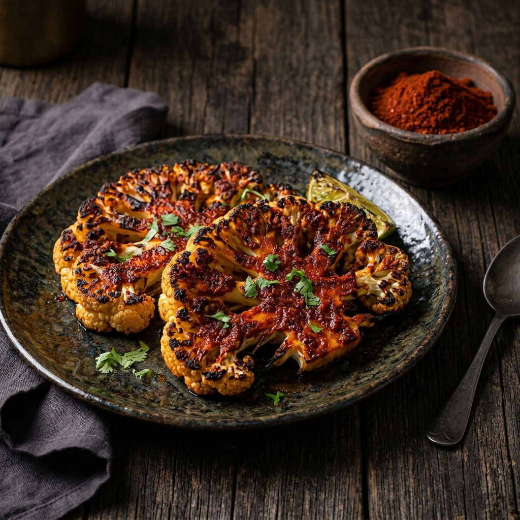 Geröstete Blumenkohlsteaks mit roter Paprikawürzung, Kräutern und Limette, daneben geräuchertes pikantes Paprikapulver auf dunklem Holz