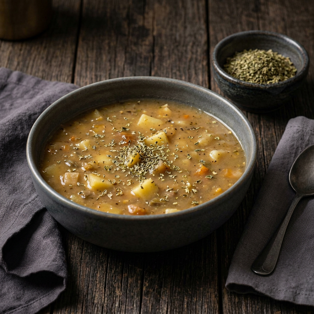 Kartoffelsuppe mit Gemüse und Majoran in einer dunklen Keramikschale, daneben getrockneter Majoran auf rustikalem Holz