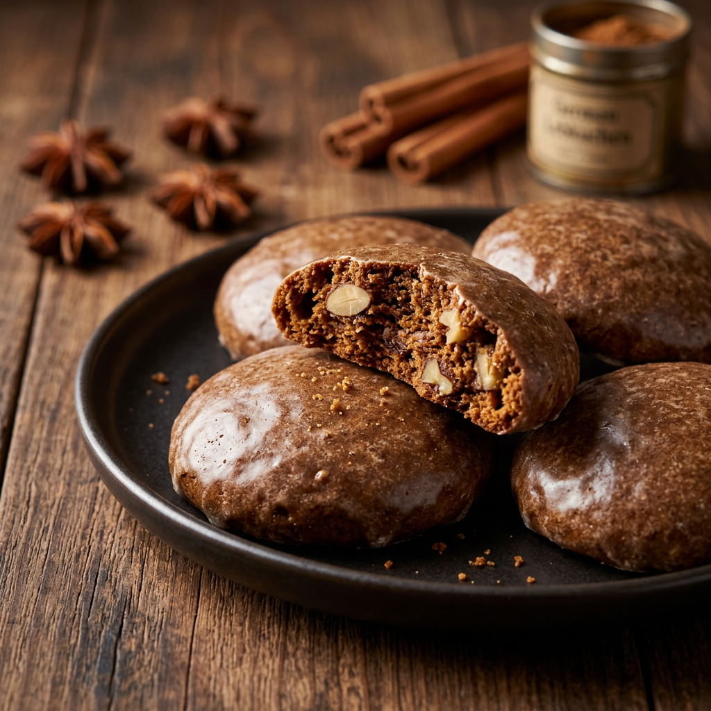 Glasierter Lebkuchen mit Zimtstern und Sternanis
