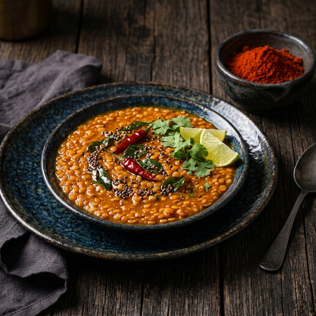 Orangefarbenes Linsendal mit Chilischoten, Kräutern und Limette in einer dunklen Keramikschale, daneben leuchtend rotes Kashmiri-Chilipulver auf rustikalem Holz