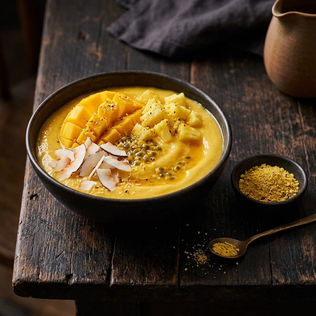 Mango-Smoothie-Bowl mit Kokos, Passionsfrucht und Tropical-Sensation-Gewürz