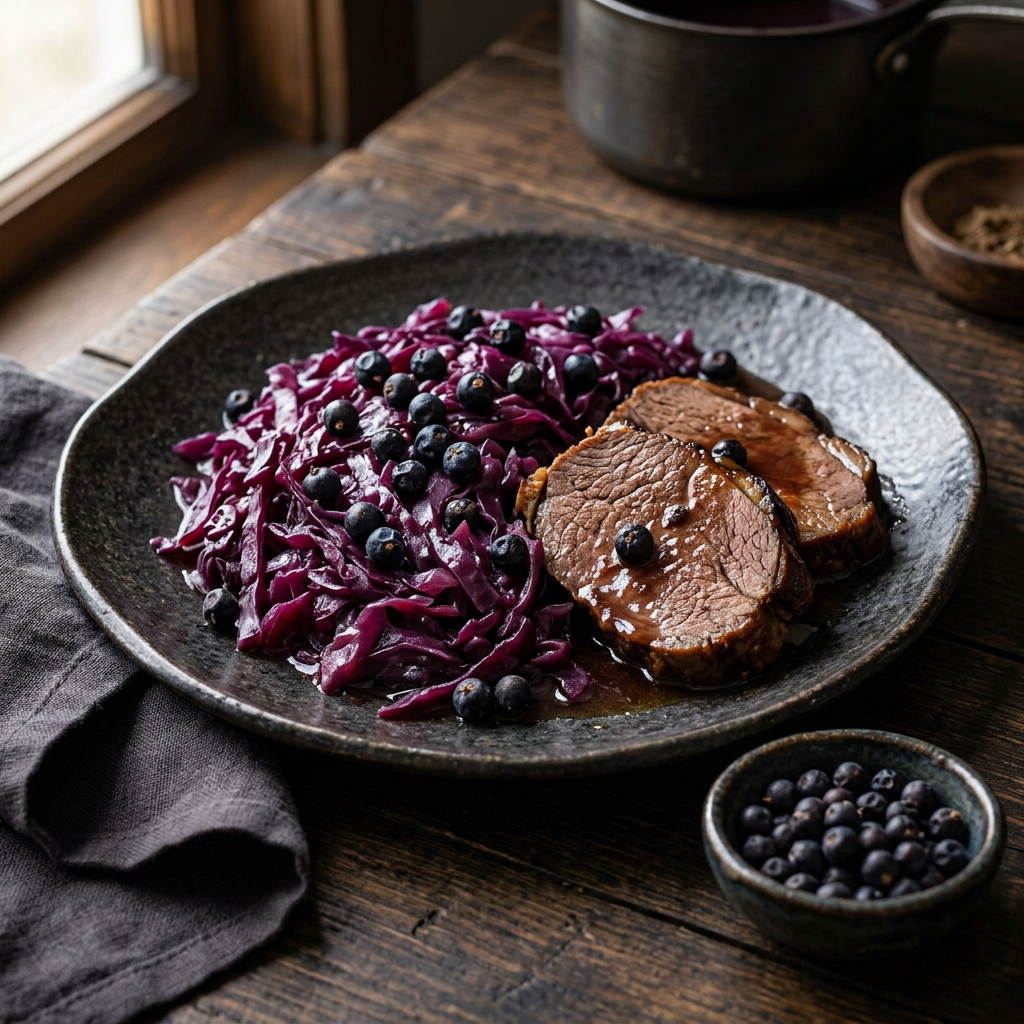 Bratenscheiben mit Sauce und Rotkraut mit dunklen Wacholderbeeren auf einem Keramikteller, daneben Wacholderbeeren in einer kleinen Schale auf rustikalem Holz