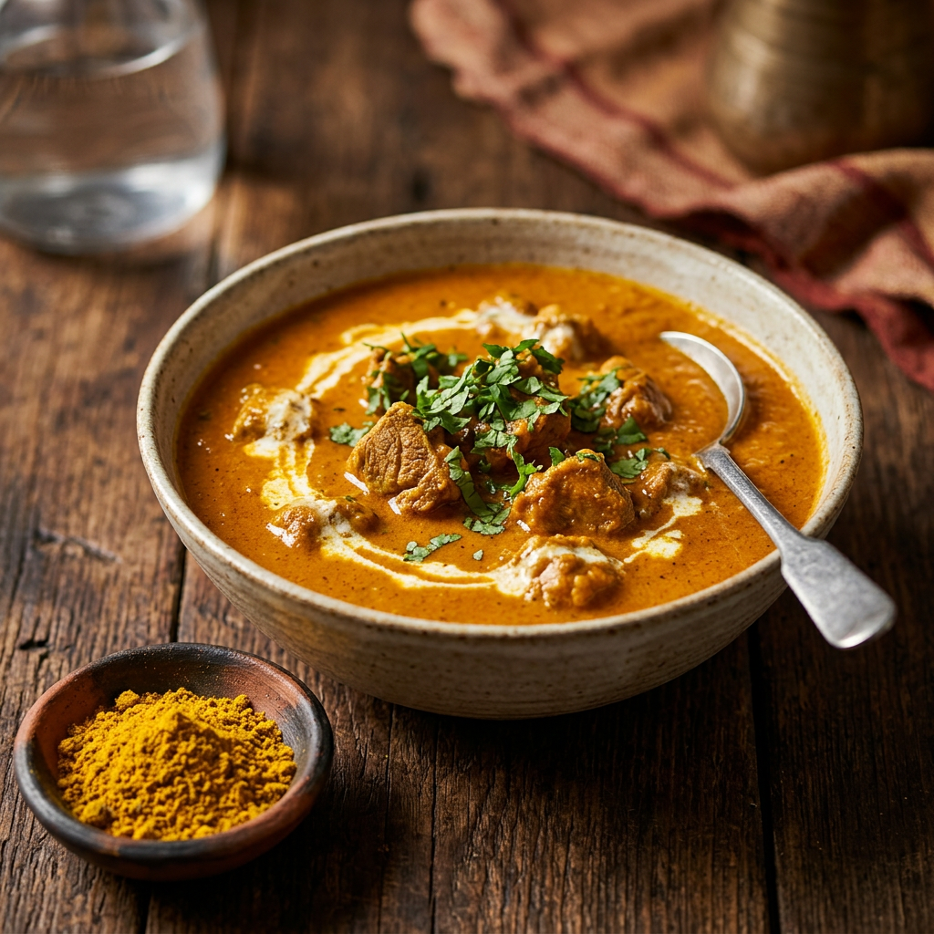 Orangefarbenes Jaipur-Curry mit Sahneschwung, dazu Reis