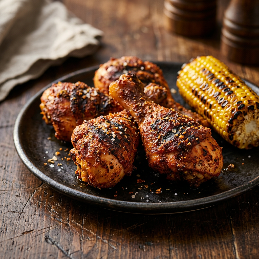 Gegrillte Hähnchenkeulen mit Louisiana-BBQ-Rub-Gewürzkruste und gegrilltem Mais