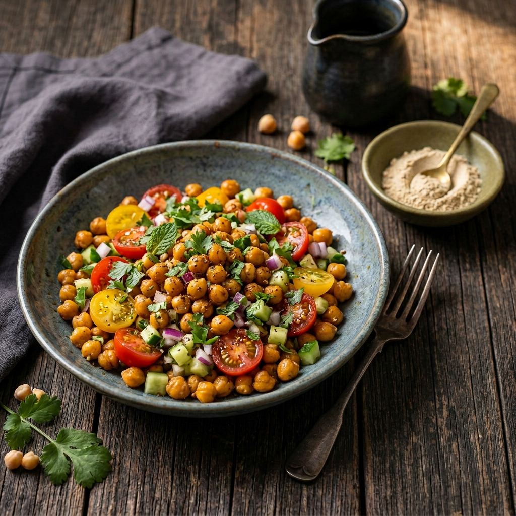 Kichererbsensalat mit Tomaten, Gurken, roten Zwiebeln und Kräutern in einer Keramikschale, daneben eine kleine Schale helles Amchur-Mangopulver auf rustikalem Holz