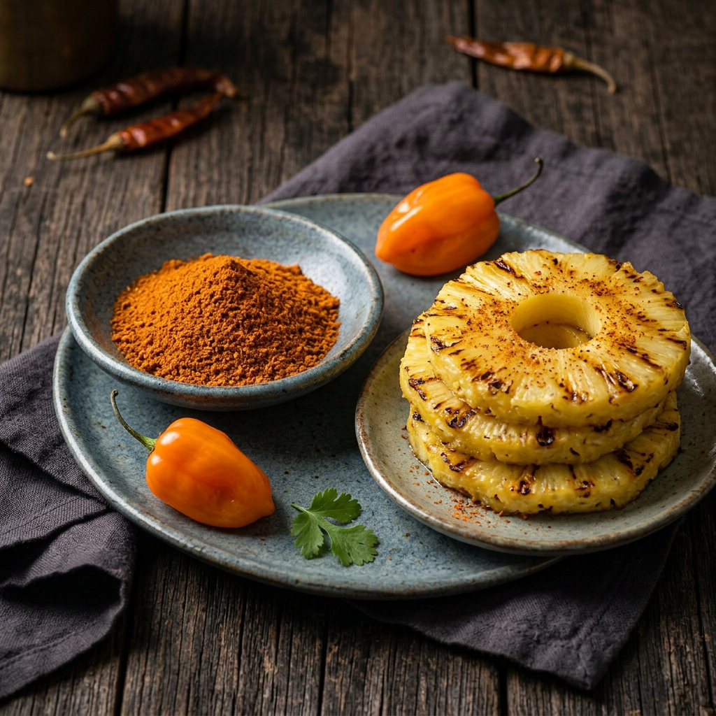 Gegrillte Ananas mit Habanero-Chilipulver und einer kleinen Gewürzschale auf dunklem Holz