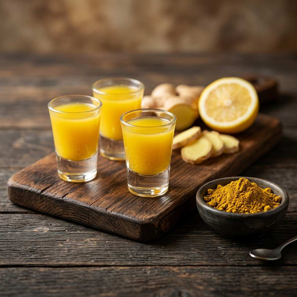 Ingwer-Shot im Glas mit Zitrone, Kurkuma und Cayennepulver