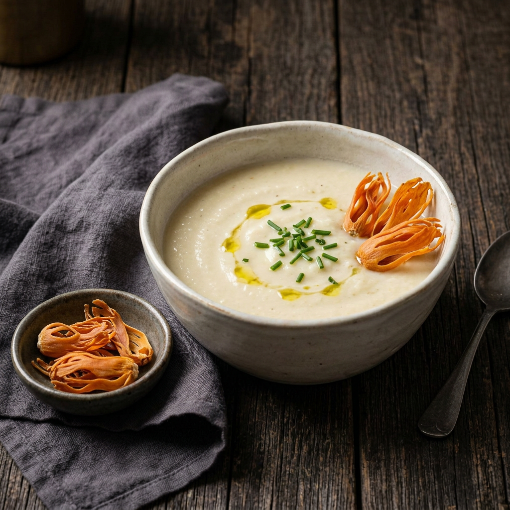 Cremige Suppe mit Schnittlauch, Öl und orangefarbener Muskatblüte in einer hellen Keramikschale, daneben ganze Muskatblüte in einem kleinen Schälchen auf dunklem Holz