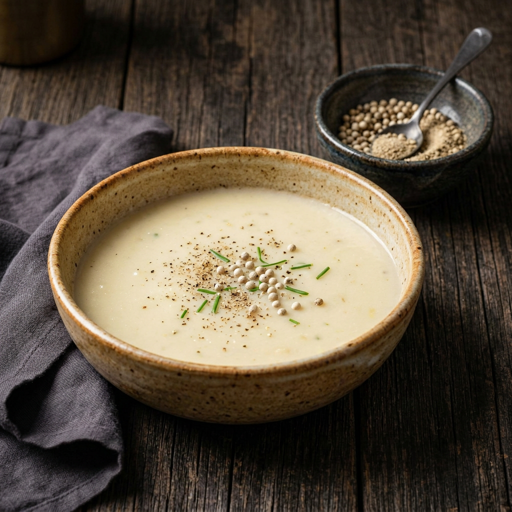 Helle Cremesuppe mit weißem Pfeffer und Schnittlauch, daneben ganze weiße Pfefferkörner und gemahlener Pfeffer in einer Keramikschale auf dunklem Holz