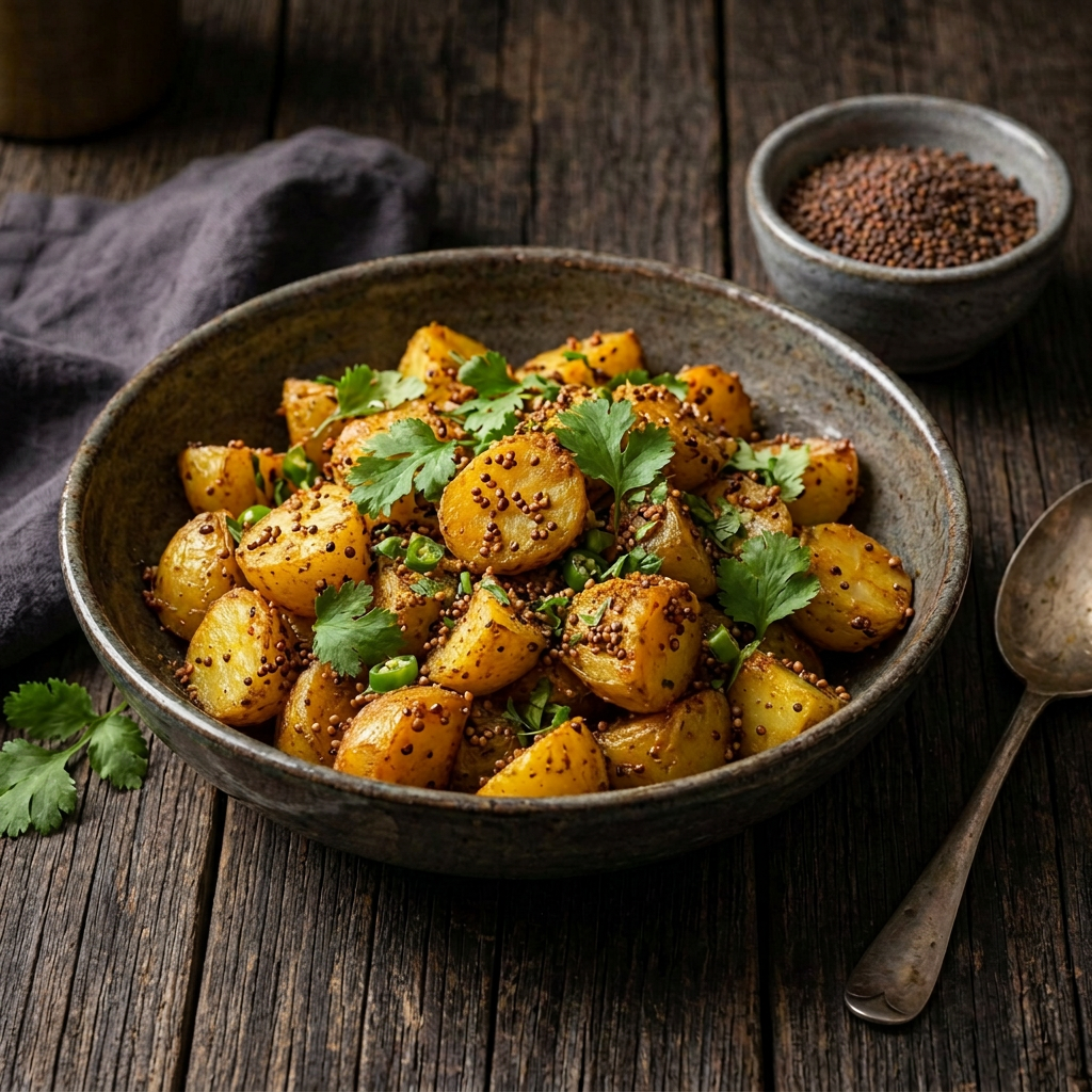 Goldbraune Kartoffeln mit braunen Senfkörnern und frischem Koriander in einer Keramikschale, daneben eine kleine Schale brauner Senfkörner auf dunklem Holz