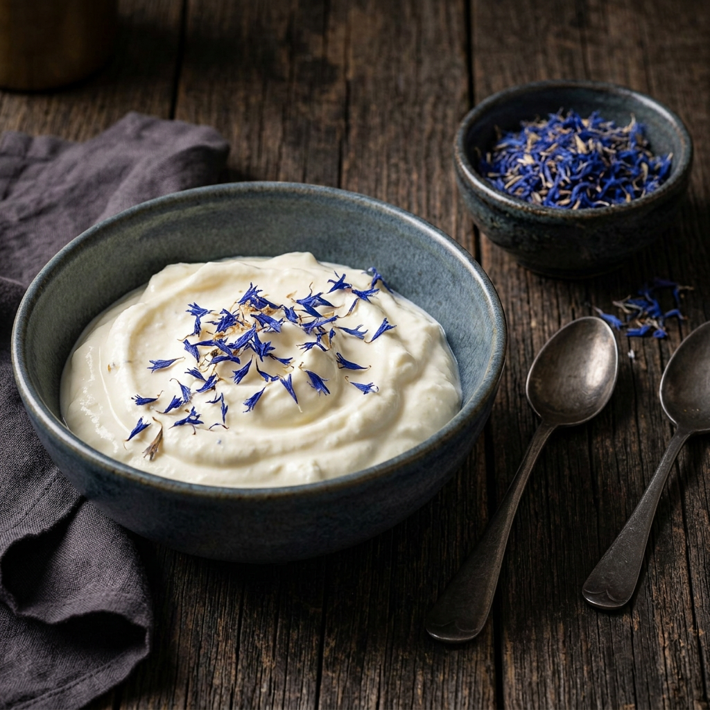 Quarkdessert mit blauen Kornblumenblüten auf einem rustikalen Holztisch