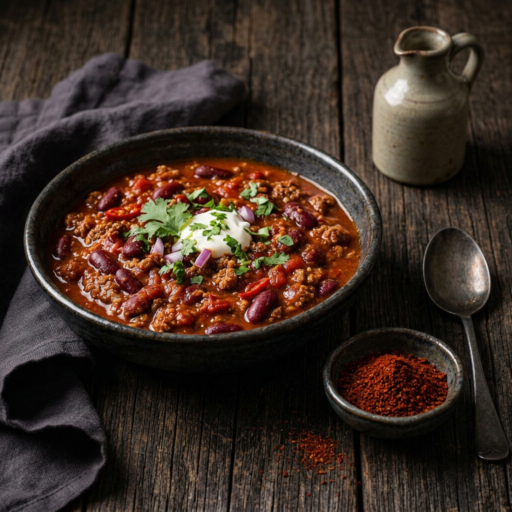 Chili con Carne mit Kidneybohnen, Kräutern und einem Klecks Sauerrahm, daneben Chilipulver in einer Keramikschale auf dunklem Holz