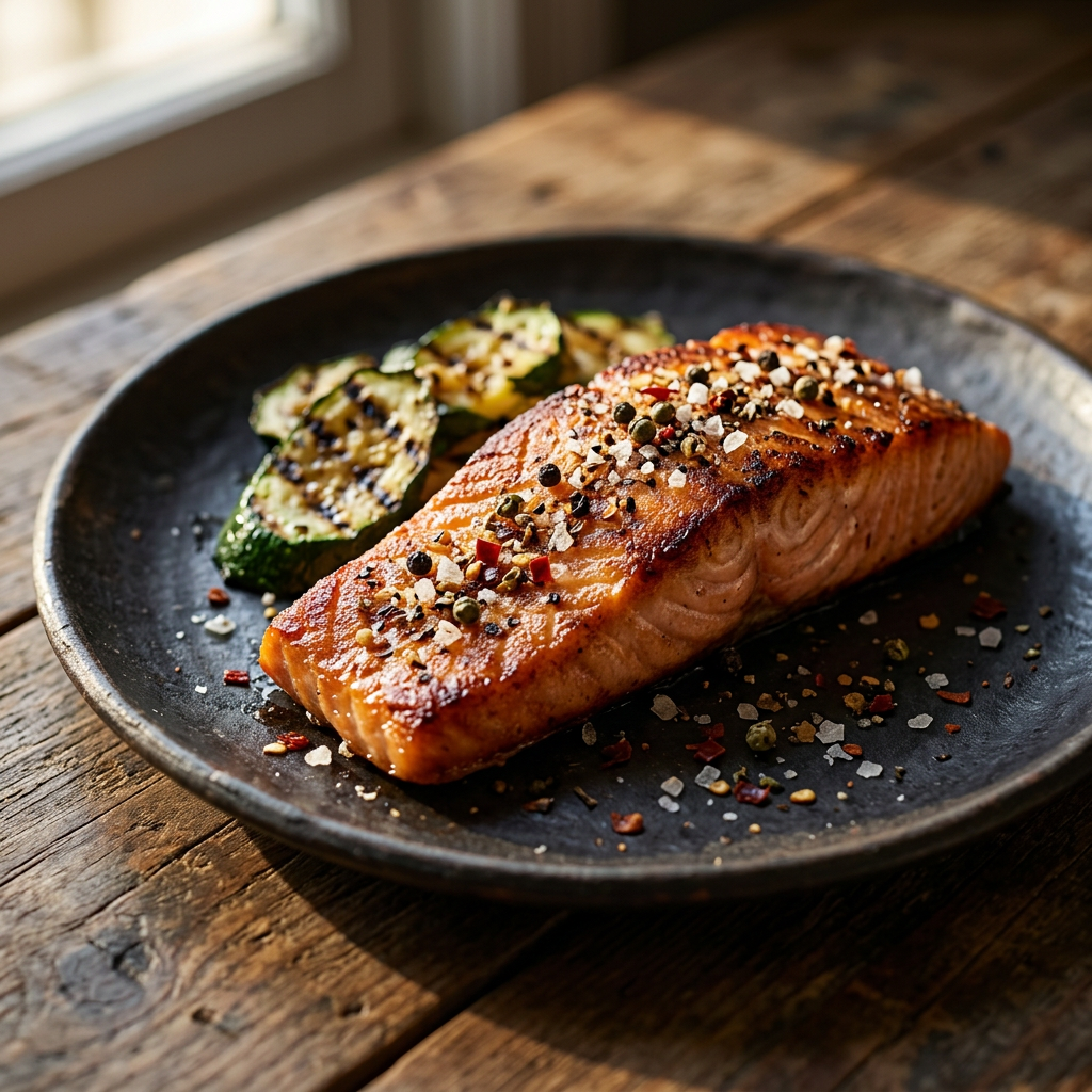 Gebratenes Lachsfilet mit Luxury-Gewürzmischung und gegrillter Zucchini