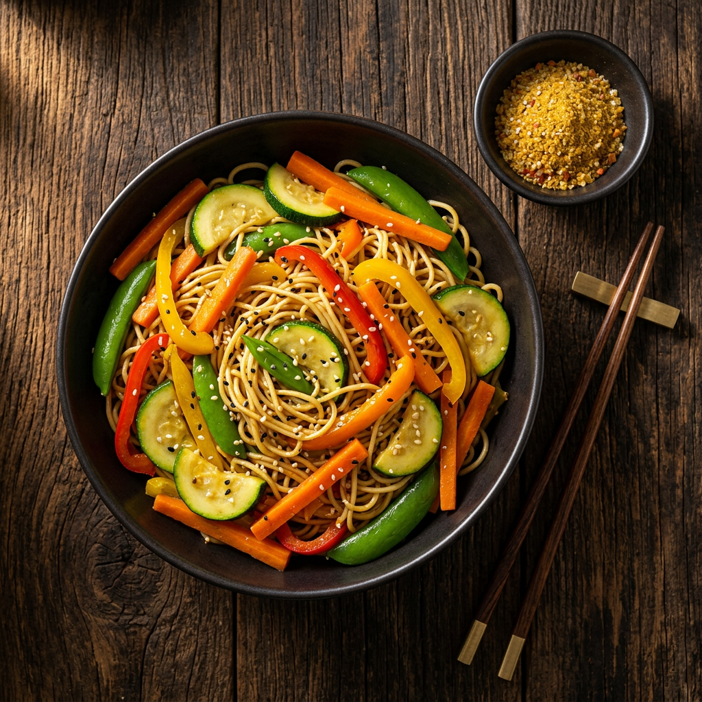Buntes Wok-Gemüse mit Sesam und Nudeln