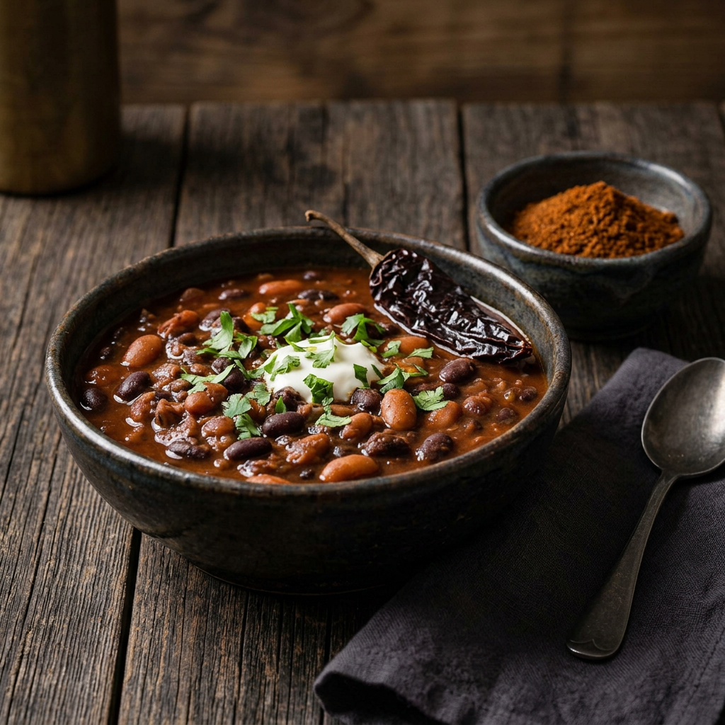 Rauchiger Bohneneintopf mit getrockneten Chipotle-Chilis neben der Schale auf dunklem Holz