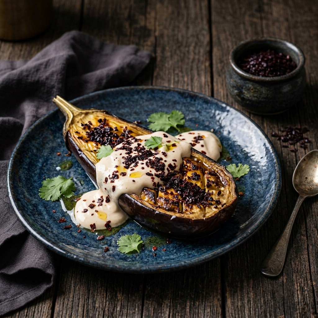 Geröstete Aubergine mit Joghurt und dunklen Isot-Chiliflocken auf einem rustikalen Holztisch