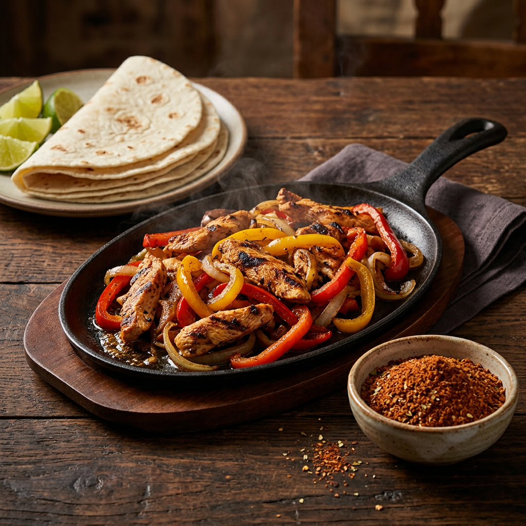 Tex-Mex-Fajitas mit Hähnchen und Paprika in der heißen Pfanne, dazu Tortillas