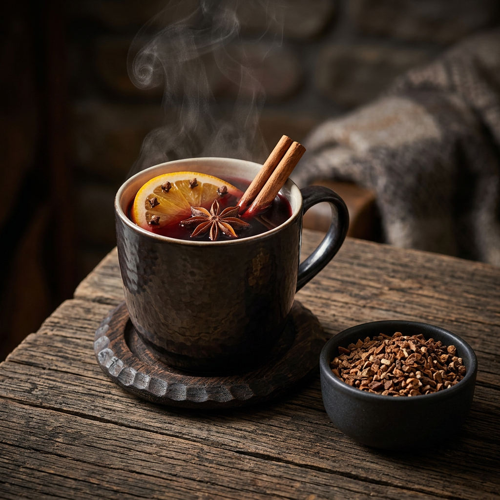 Dampfender Glühwein mit Orangenscheibe, Zimtstange und Sternanis