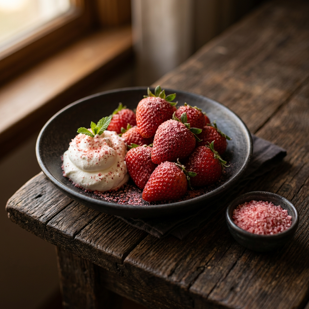 Frische Erdbeeren mit Erdbeerzucker und Schlagsahne