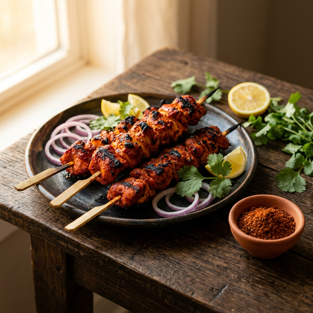 Tandoori-Hähnchen mit roten Zwiebelringen, Zitrone, Koriander und Joghurt-Dip