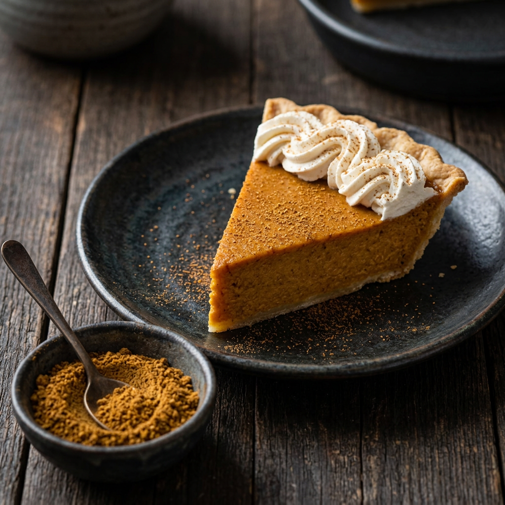 Kürbiskuchen mit Sahne und Pumpkin-Pie-Spice bestreut