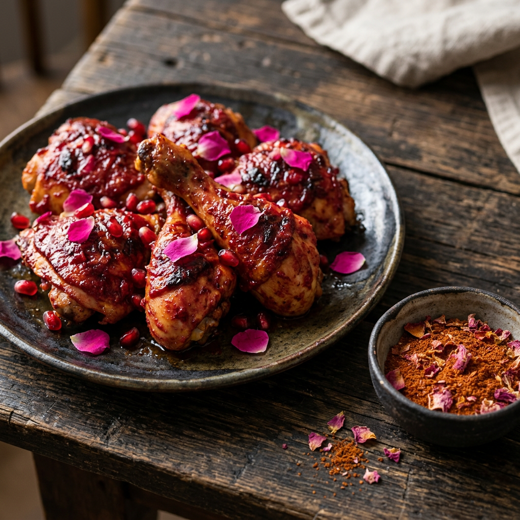 Rosen-Harissa-Hähnchen mit Rosenblüten und Granatapfelkernen