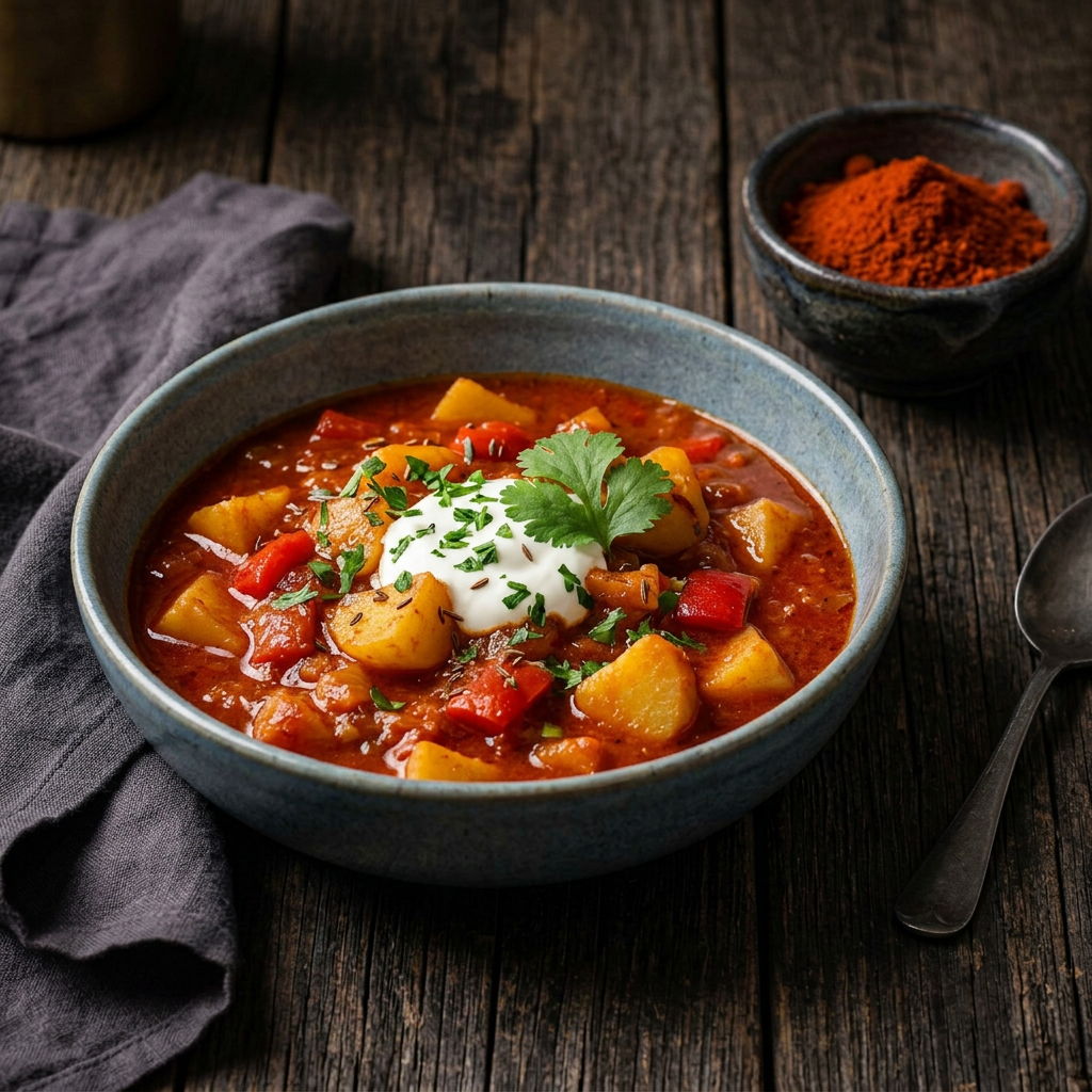 Kartoffel-Paprika-Eintopf mit Sauerrahm und Kräutern, daneben pikantes Paprikapulver in einer Keramikschale auf dunklem Holz