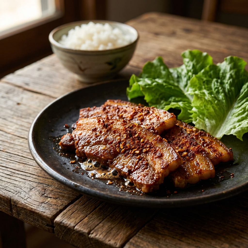 Gegrillter Schweinebauch mit Korean-Allrounder-Würzung, Salatblättern und Reis