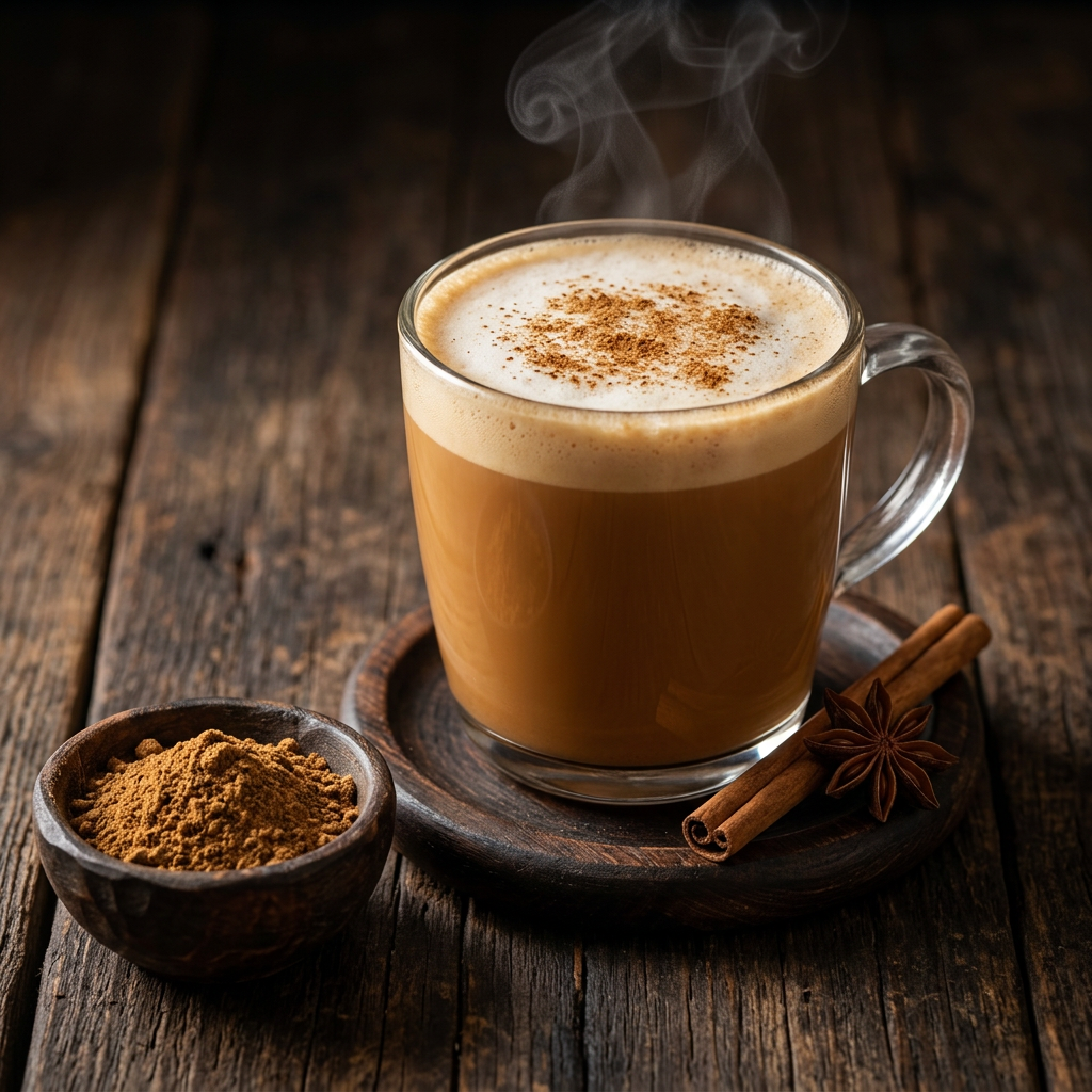Dampfender Chai Latte mit Milchschaum und Zimtstange