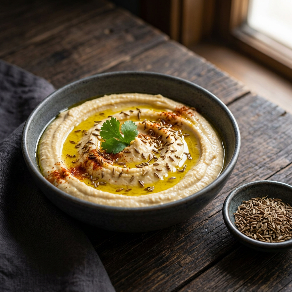 Cremiger Hummus mit Olivenöl, ganzen Kreuzkümmelsamen und frischen Kräutern, daneben Kreuzkümmelsamen in einer kleinen Keramikschale auf rustikalem Holz