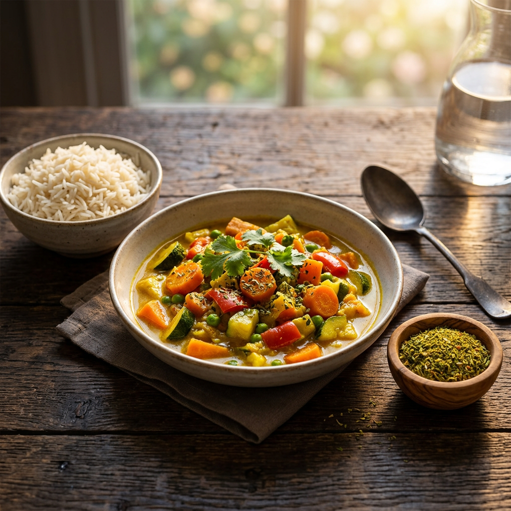 Goldenes Gemüsecurry mit Karotten, Paprika und Erbsen, dazu Basmatireis