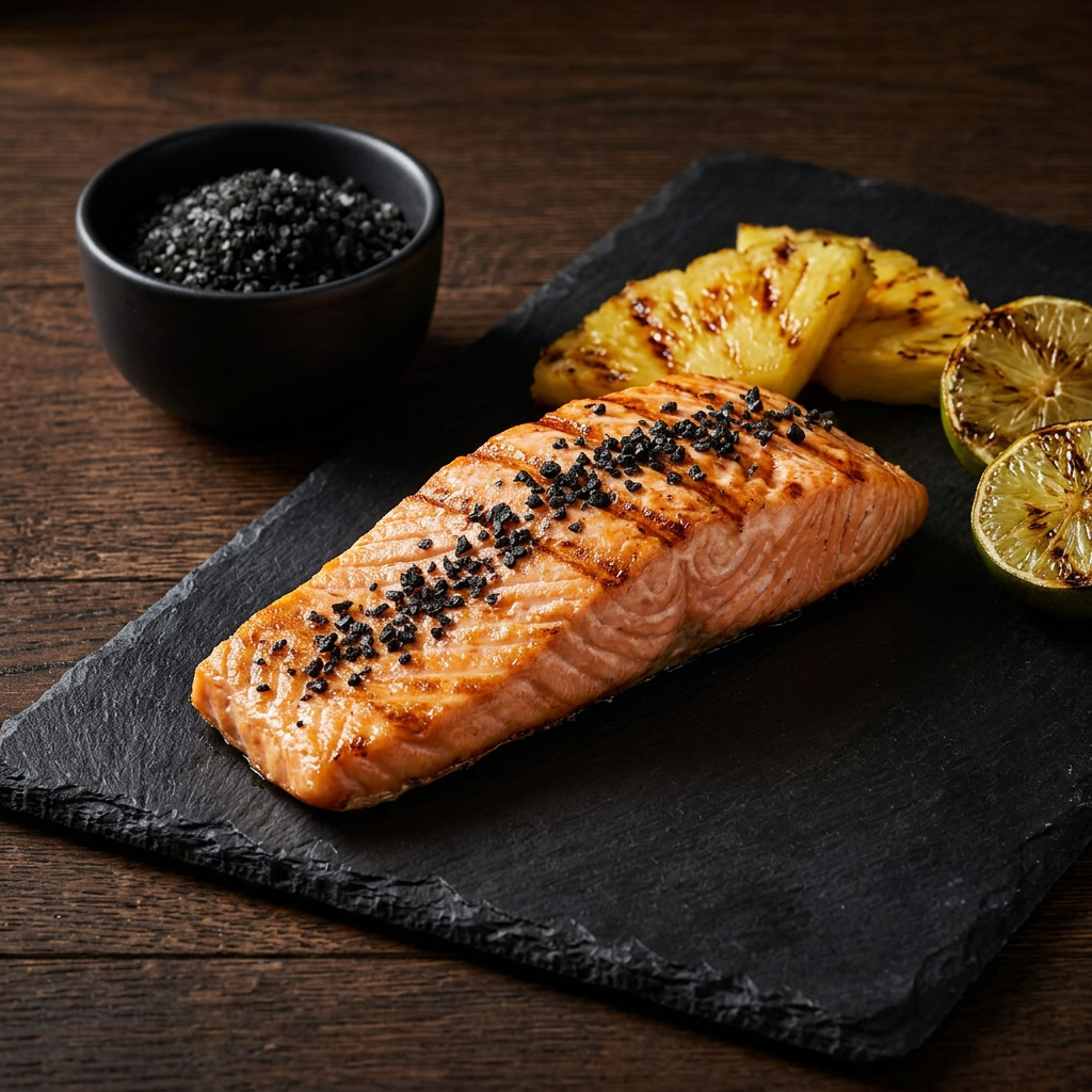 Gegrilltes Lachsfilet mit schwarzem Hawaiisalz auf Schiefer