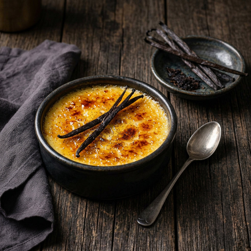 Crème brûlée mit goldbrauner Karamellkruste und Vanilleschoten in einer dunklen Keramikschale, daneben aufgeschnittene Vanilleschoten auf rustikalem Holz