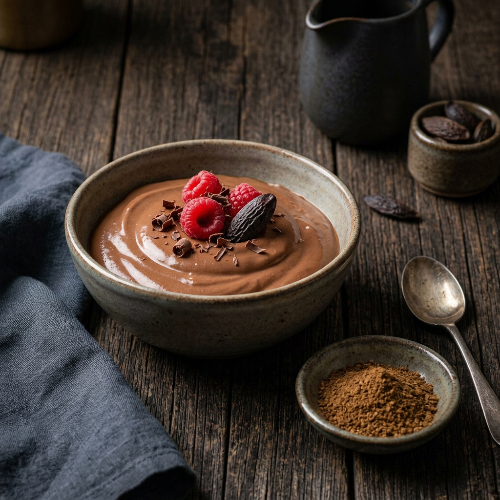 Schokoladencreme mit Himbeeren, Schokoladenraspeln und einer Tonkabohne in einer Keramikschale, daneben gemahlene Tonkabohne auf rustikalem Holz