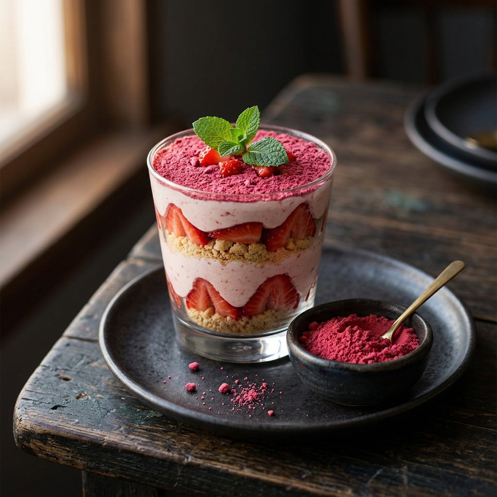 Vanilleeis mit frischen Erdbeeren, Balsamicoredution und Erdbeerzucker