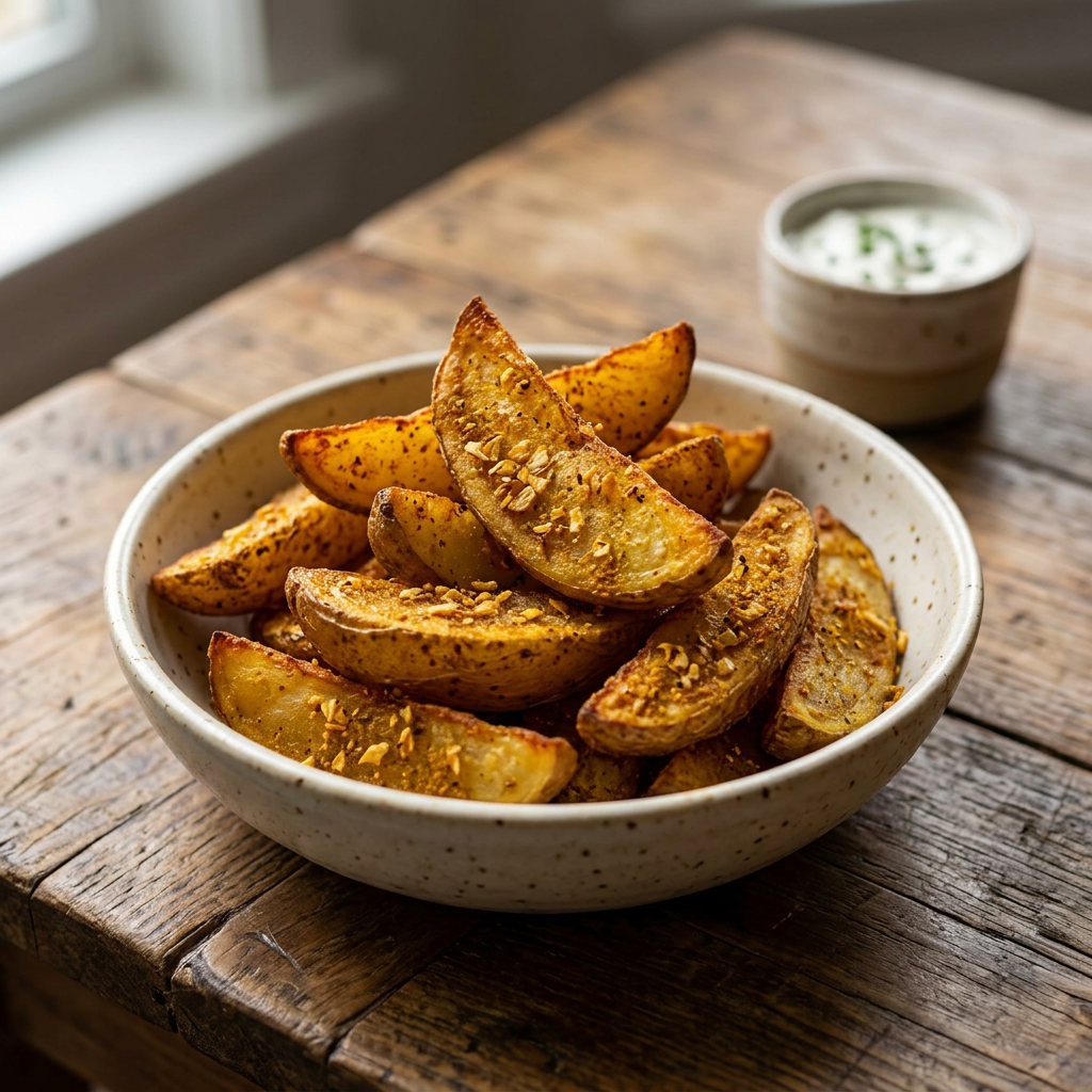 Knusprige goldgelbe Kartoffelspalten mit Potato-Wedges-Würzung und Dip
