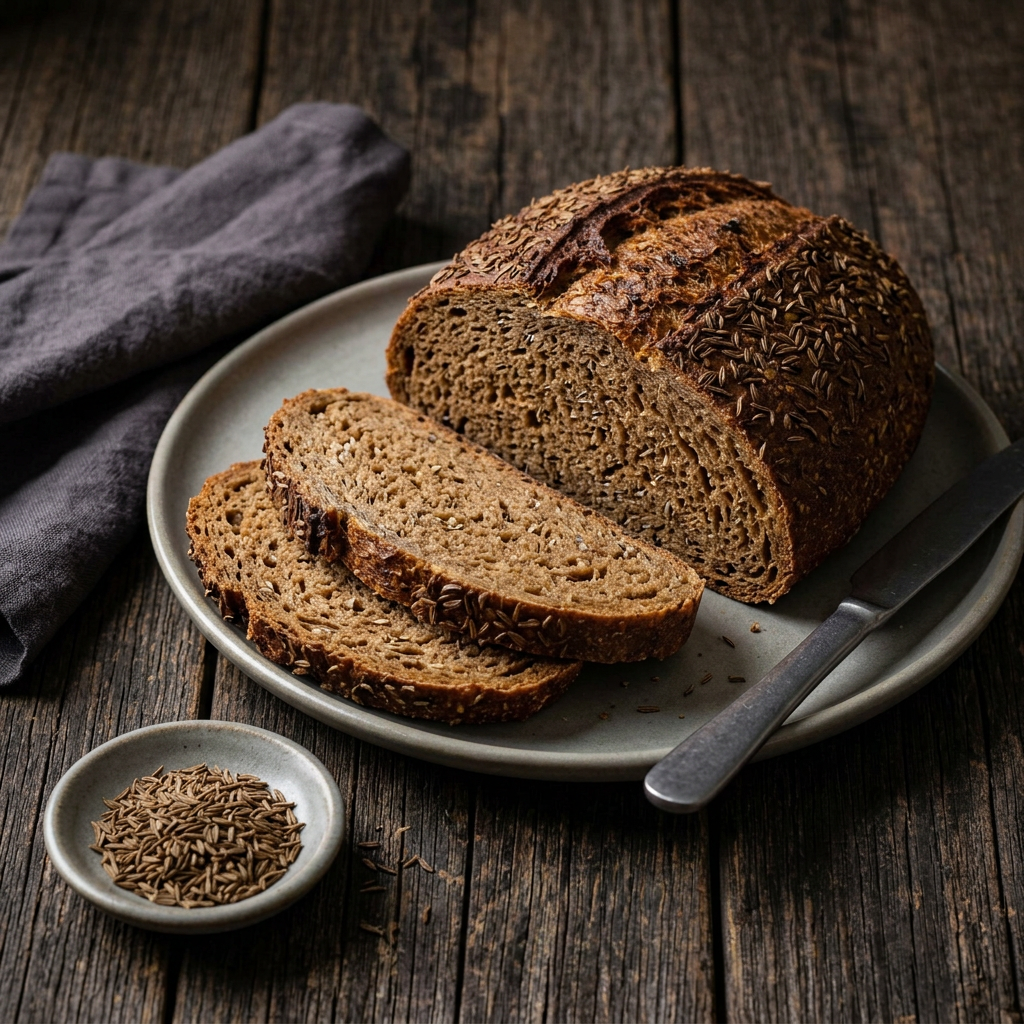 Angeschnittenes rustikales Brot mit ganzen Kümmelsamen auf einem Keramikteller, daneben eine kleine Schale Kümmel auf dunklem Holz