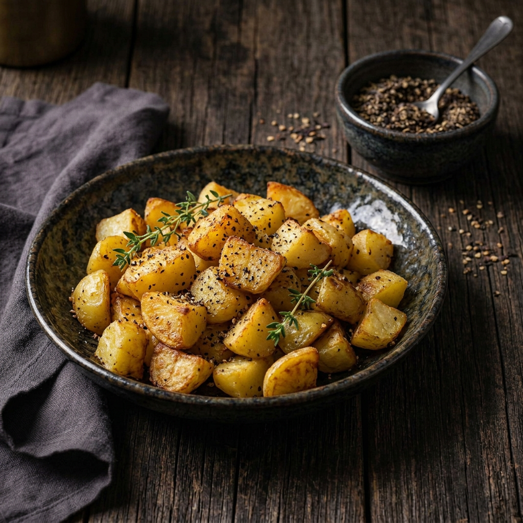 Goldbraune Bratkartoffeln mit grobem Rauchpfeffer und Thymian in einer dunklen Keramikschale, daneben eine kleine Schale zerstoßener Pfeffer auf rustikalem Holz