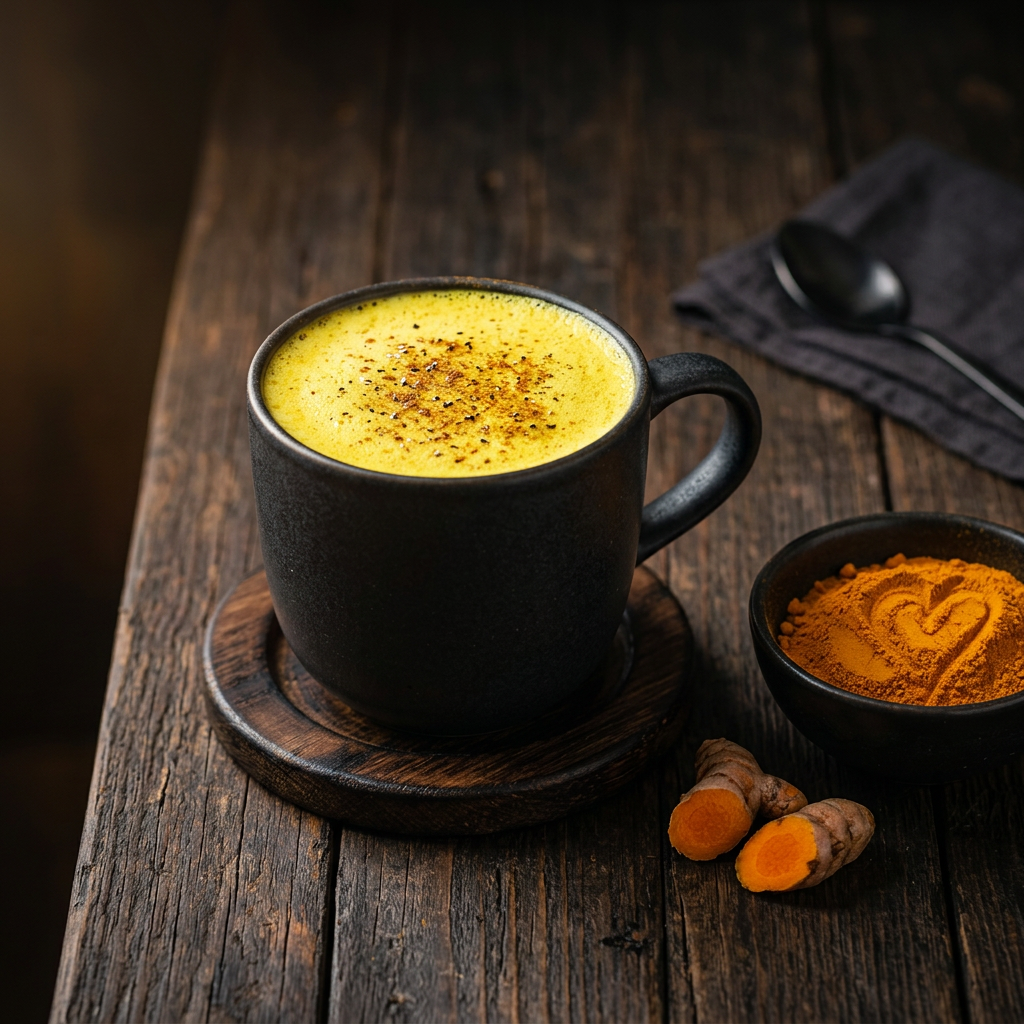 Goldene Kurkuma-Latte im Becher mit frischer Kurkumawurzel