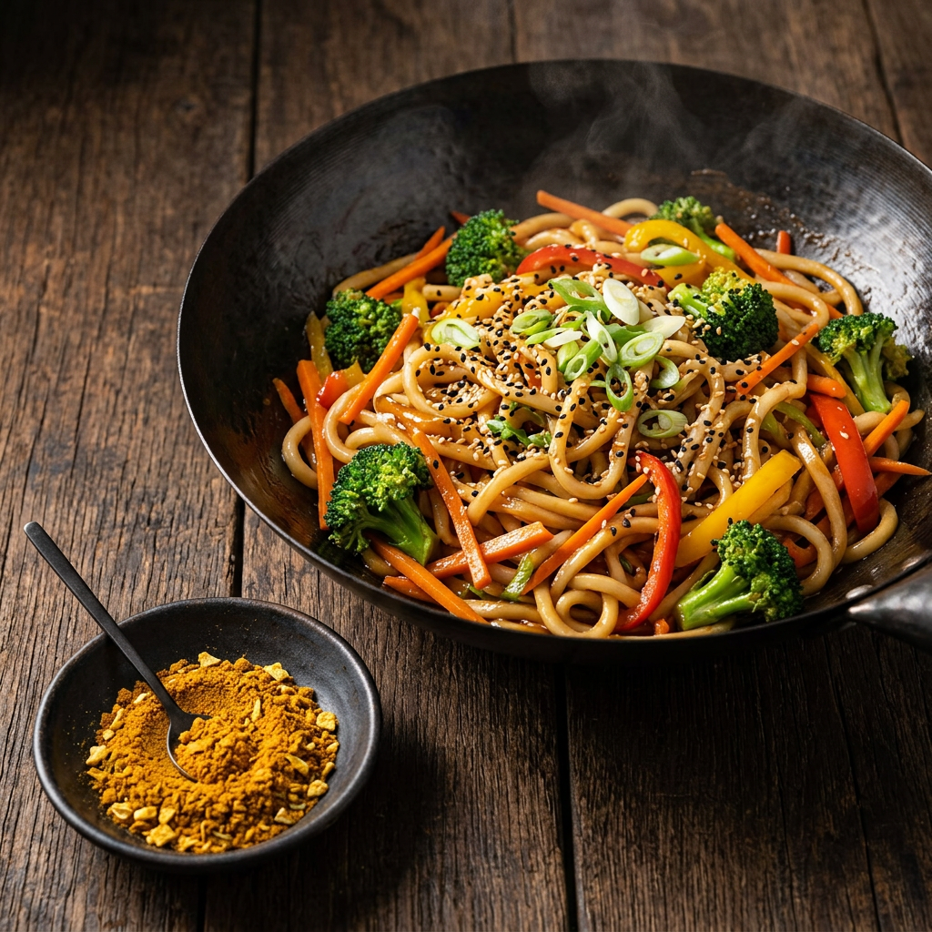 Asiatisches Wok-Gericht mit Nudeln, Gemüse und Frühlingszwiebeln