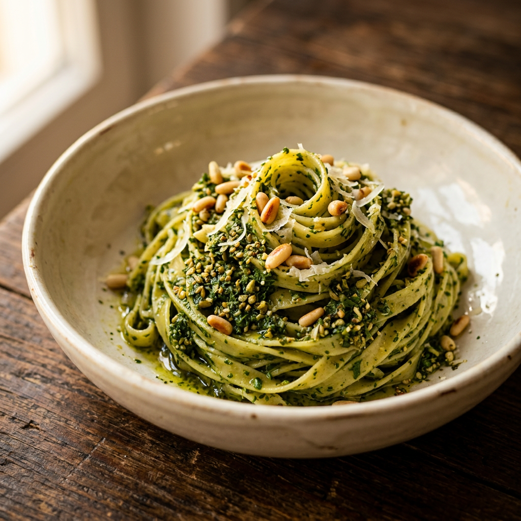 Tagliatelle mit Bärlauch-Pesto und Pinienkernen