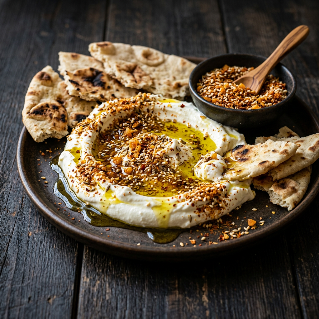Labneh-Dip mit Dukkah-Nussmischung und Fladenbrot