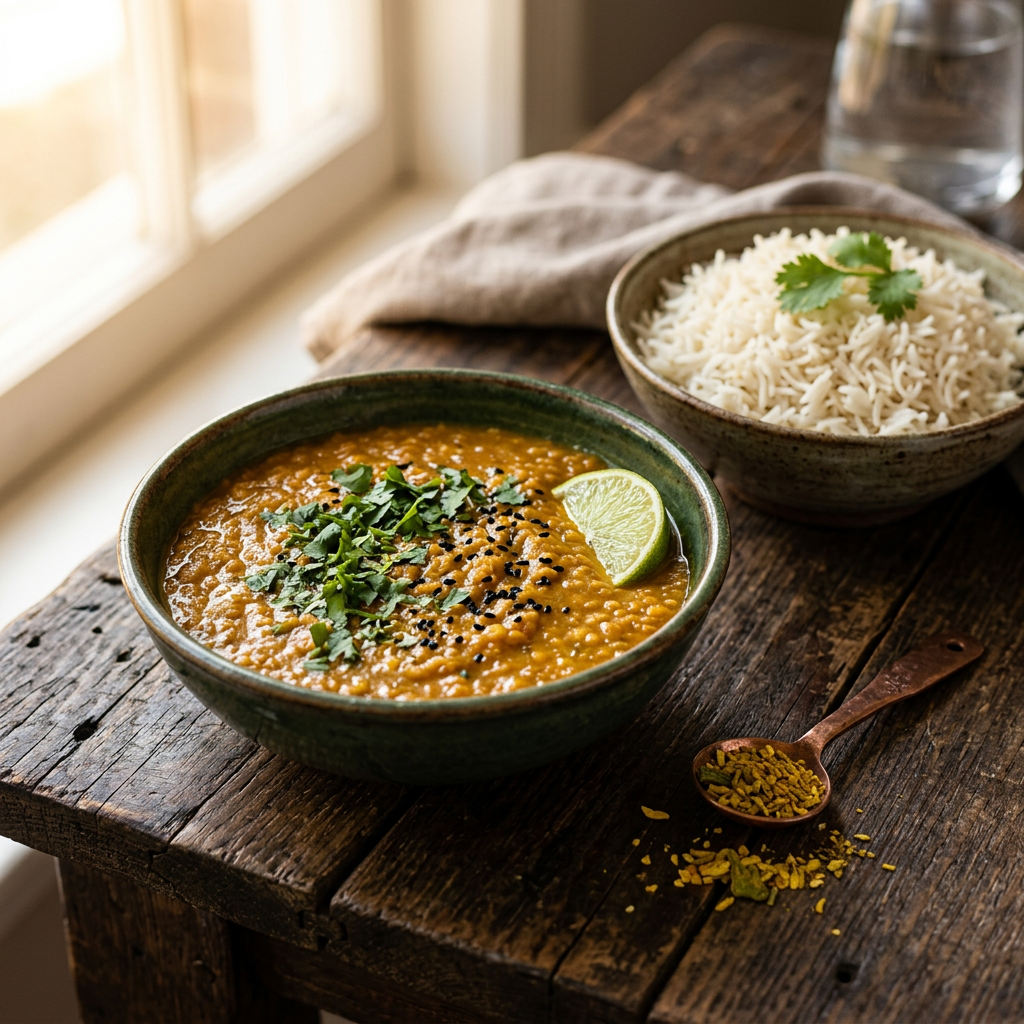 Rotes Linsen-Dal mit Koriander, Limette und gedämpftem Reis