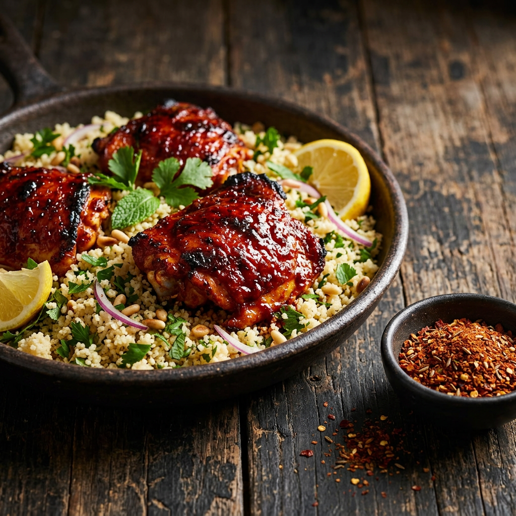 Harissa-Hähnchenschenkel mit Couscous, Kräutern und Zitrone