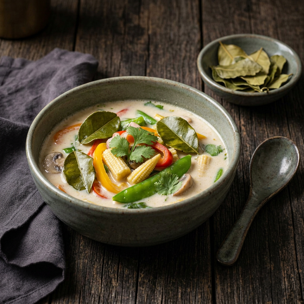 Kokos-Gemüsesuppe mit Limettenblättern, Paprika, Babymais und Pilzen, daneben getrocknete Limettenblätter in einer Keramikschale auf dunklem Holz