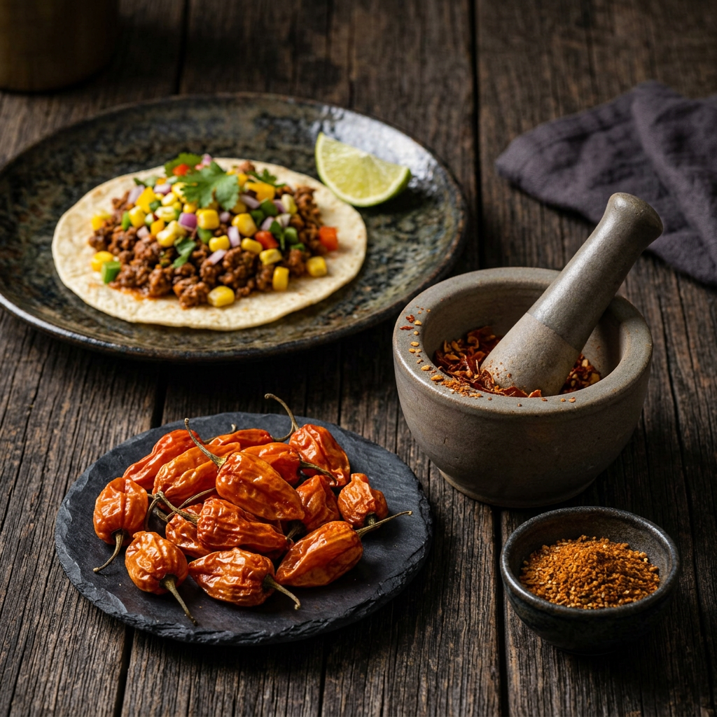 Stimmungsbild mit getrockneten Habanero-Chilis und einem Keramikmörser auf dunklem Holz