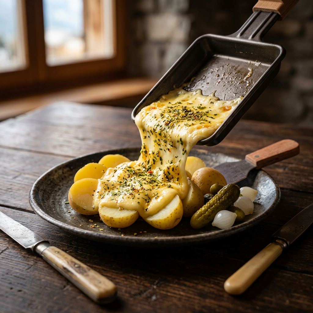 Raclettepfännchen mit geschmolzenem Käse über Kartoffeln und Kräuterwürzung