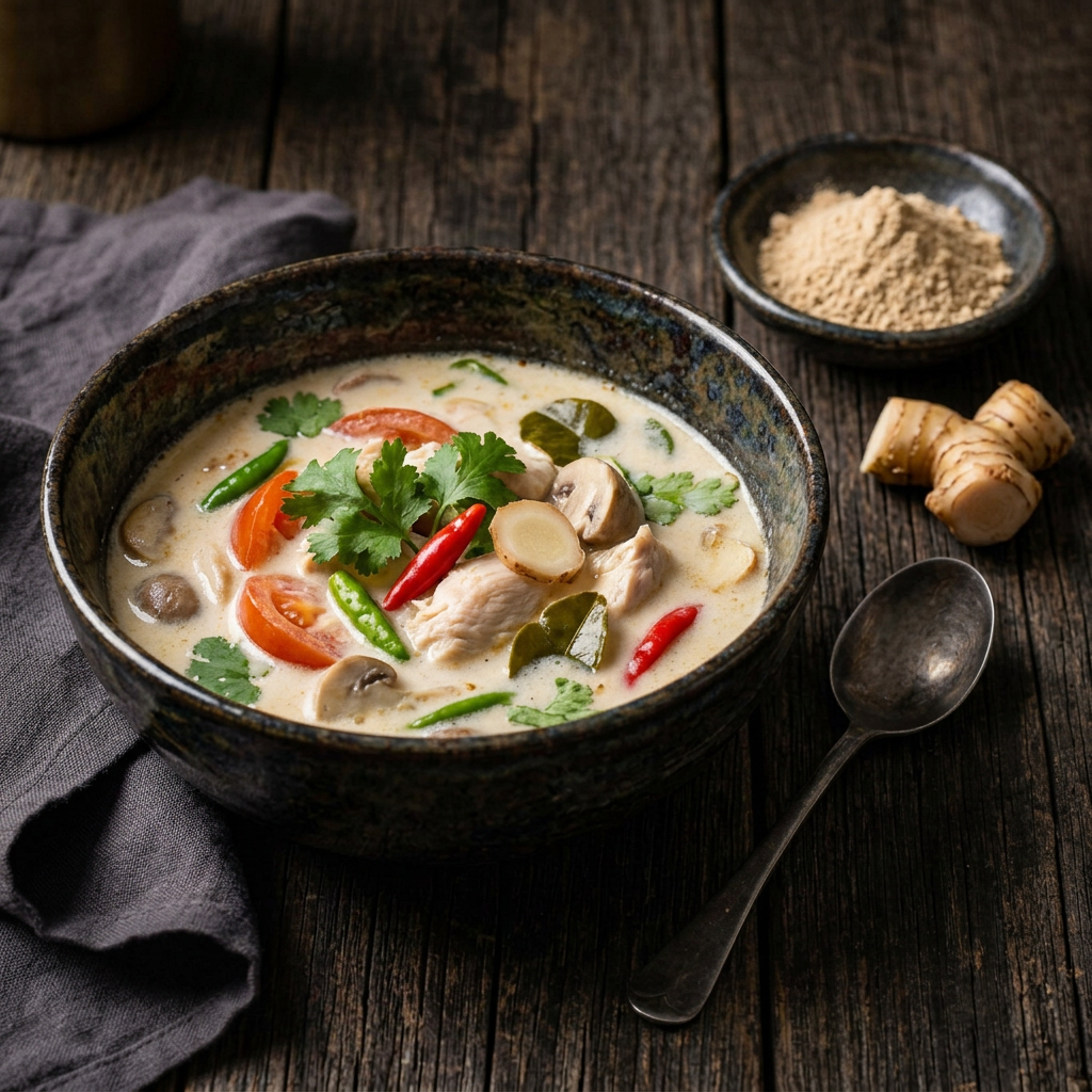 Cremige Kokossuppe mit Pilzen, Chili und Koriander in einer dunklen Keramikschale, daneben Galgantwurzel und eine kleine Schale Galgantpulver auf rustikalem Holz