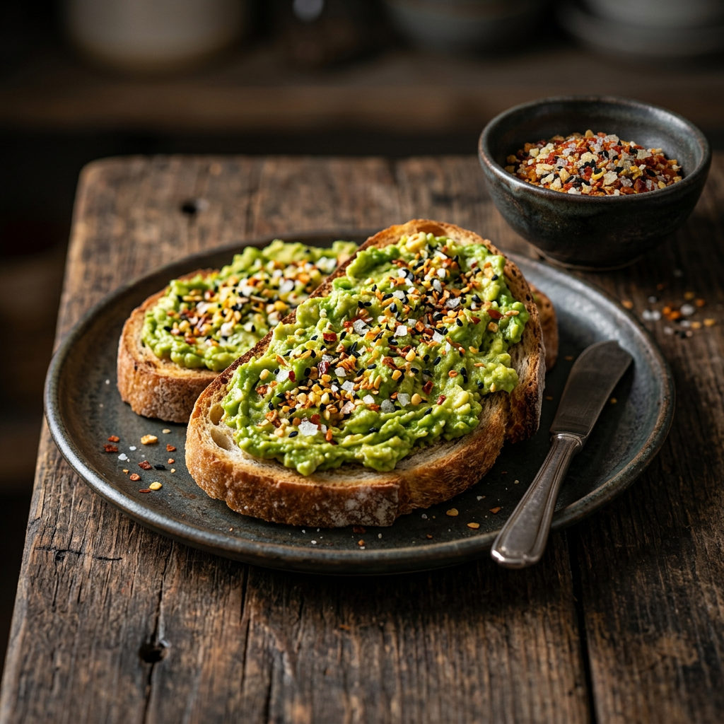Avocado-Toast mit Kräuter-Topping auf Sauerteigbrot