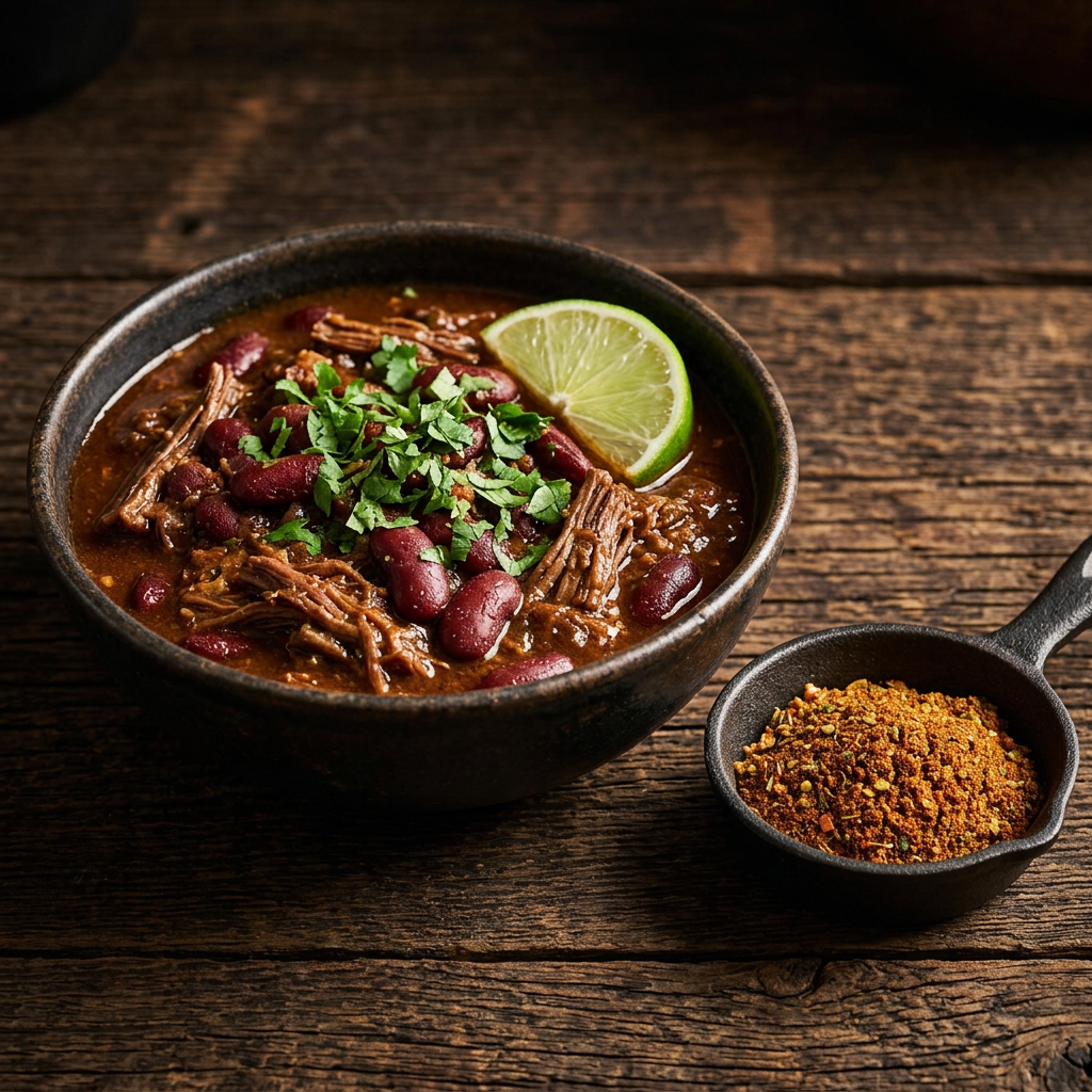 Chili con Carne mit Kidneybohnen und Rindfleisch im Keramiktopf, dazu Koriander